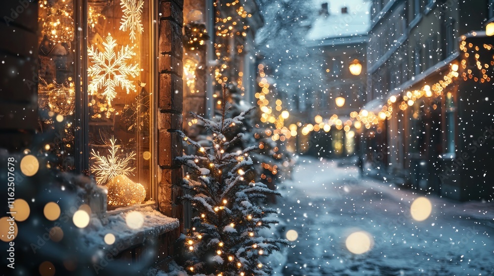 Fototapeta premium Festive Winter Street Scene With Snow And Lights