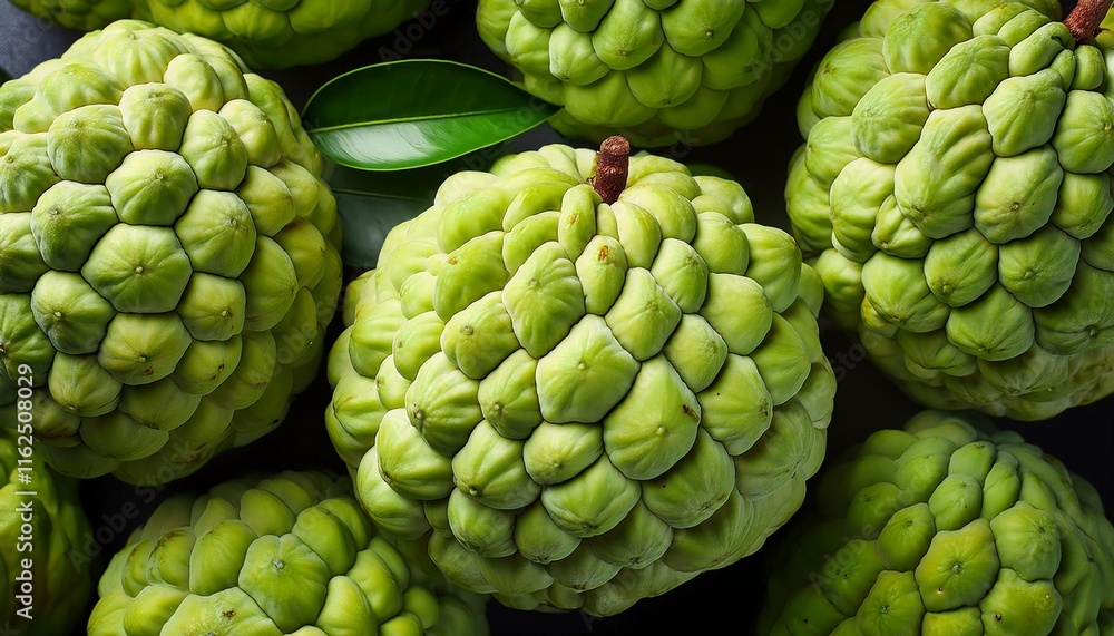 Fototapeta premium Flat Lay Top View of Bright Ripe Fragrant Green Custard apple Fruit as Background