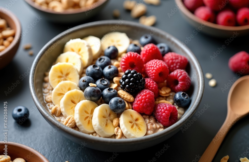 Bowl of warm oatmeal topped with colorful fruits, nuts. Fresh banana slices blueberries raspberries, blackberries beautifully arranged on top of warm oatmeal. Healthy, delicious breakfast food. Bowl of warm oatmeal topped with colorful fruits, nuts. Fresh banana slices blueberries raspberries, blackberries beautifully arranged on top of warm oatmeal. Healthy, delicious breakfast food.