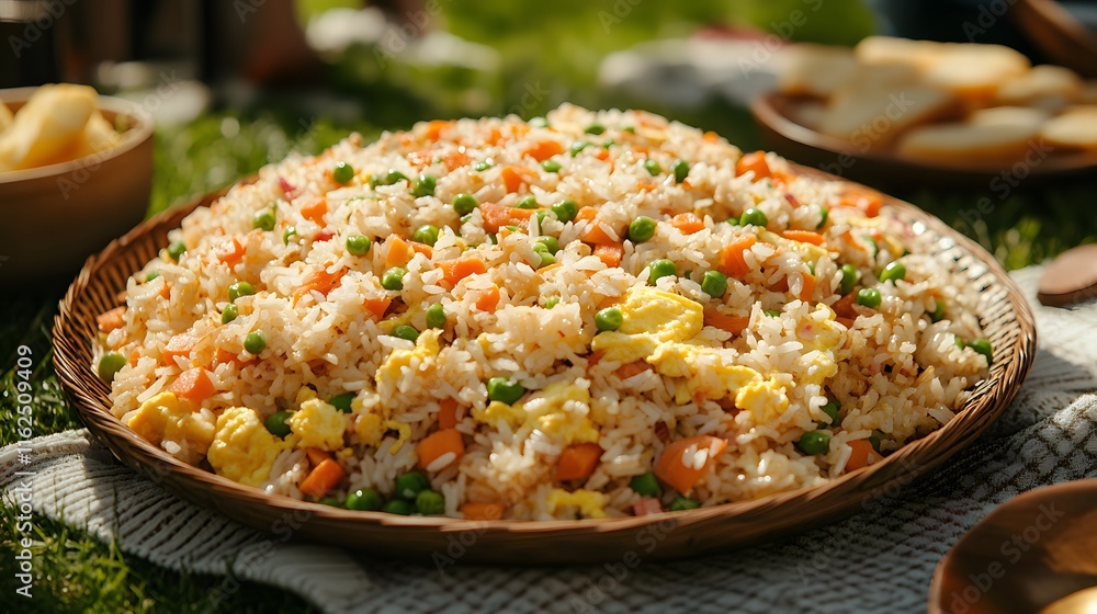 Enjoying a Joyful Picnic with Friends and a Colorful Platter of Fried Rice Outdoors Enjoying a Joyful Picnic with Friends and a Colorful Platter of Fried Rice Outdoors