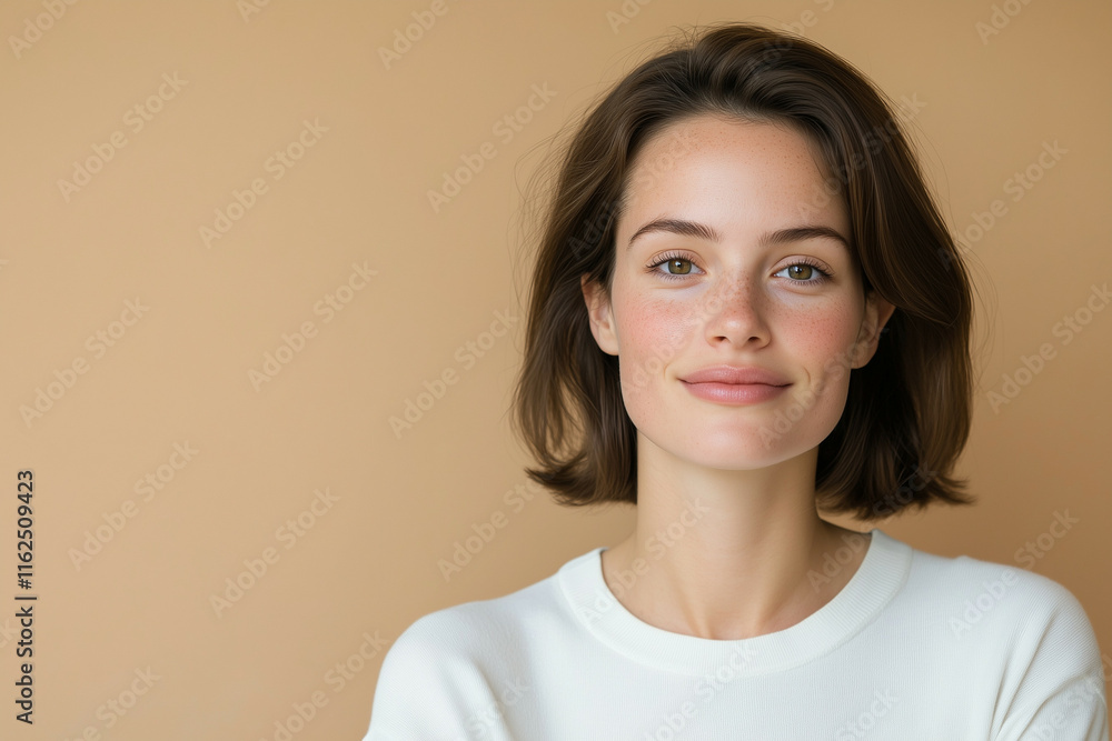 Portrait of a smiling woman with natural beauty and healthy skin on a beige background with copyspace Portrait of a smiling woman with natural beauty and healthy skin on a beige background with copyspace