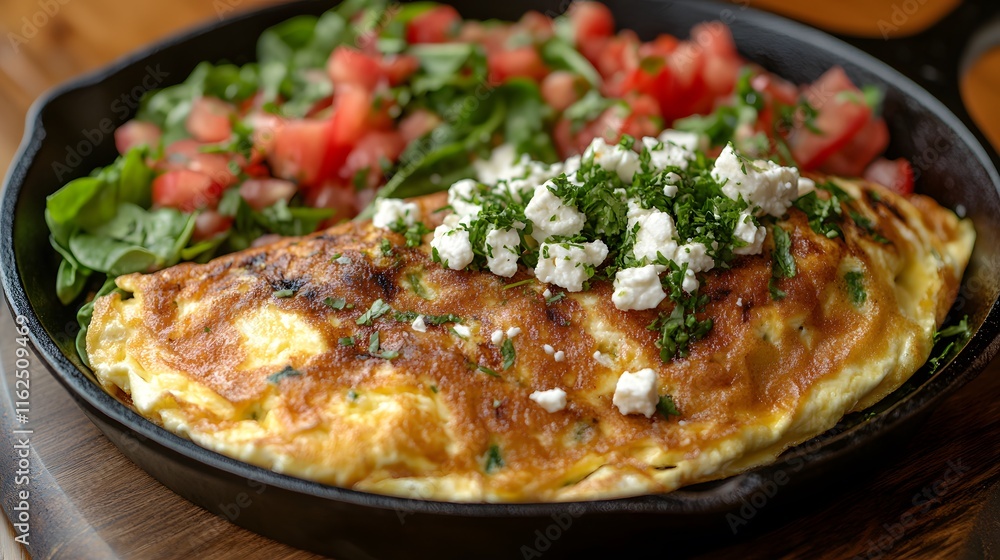 Deliciously Savory Spinach and Feta Omelette Accompanied by a Fresh Salad in a Cast Iron Skillet Deliciously Savory Spinach and Feta Omelette Accompanied by a Fresh Salad in a Cast Iron Skillet