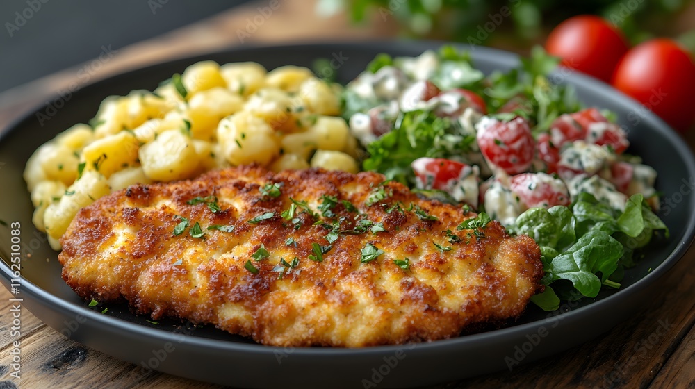 A Delectable Schnitzel Dish Accompanied by Creamy Potato Salad and Fresh Greens on a Wooden Table A Delectable Schnitzel Dish Accompanied by Creamy Potato Salad and Fresh Greens on a Wooden Table