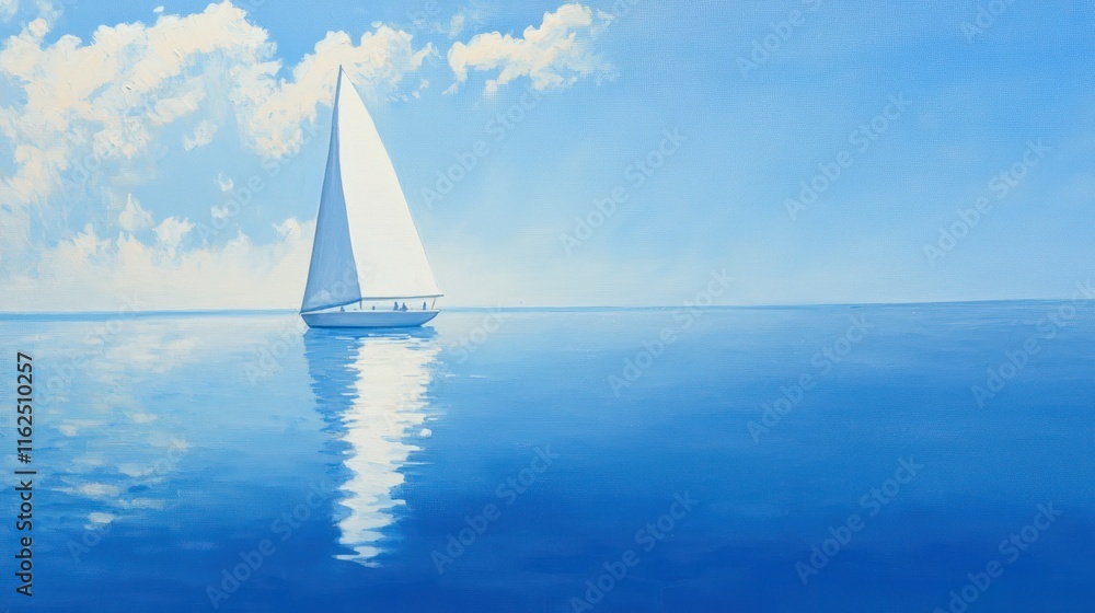 Obraz premium Solitary Sailboat Under a Summer Sky on Calm Waters