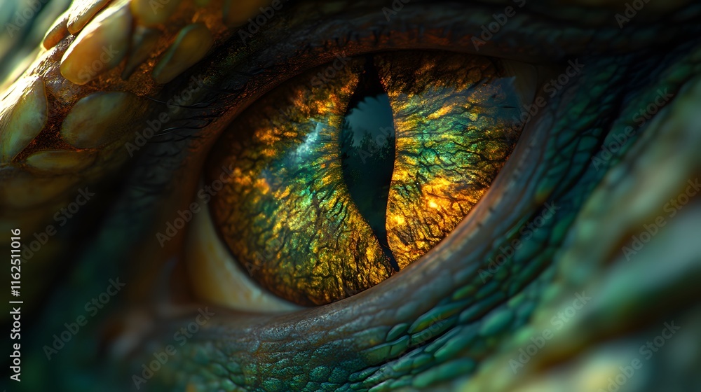 Obraz premium Majestic Fiery Dragon with Intimidating Scales and Glowing Eye in a Mythical Realm