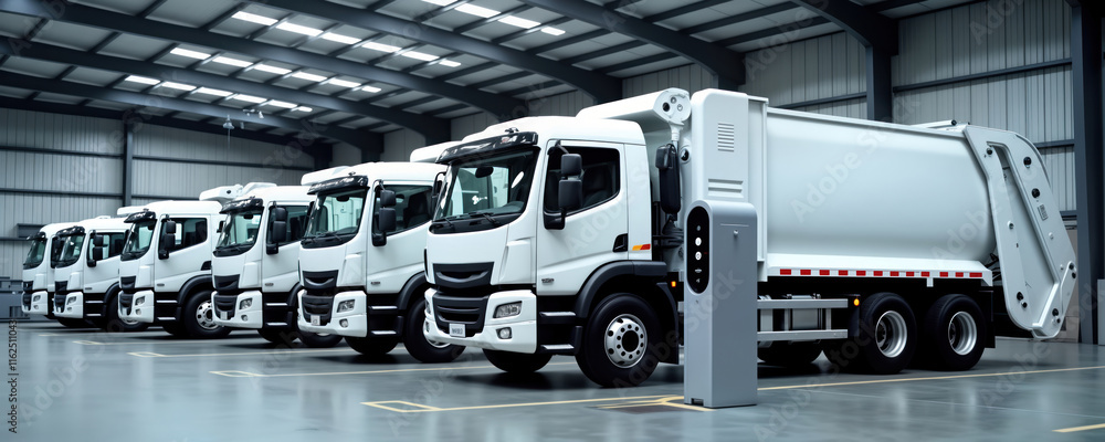 Electric garbage trucks parked in depot charging station. Modern eco-friendly transportation shown. Fleet of white vehicles ready for urban service. Clean energy infrastructure for sustainable Electric garbage trucks parked in depot charging station. Modern eco-friendly transportation shown. Fleet of white vehicles ready for urban service. Clean energy infrastructure for sustainable