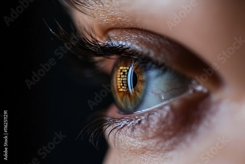 Close-up view of a human eye reflecting data and numbers in a dark environment showing technology awareness