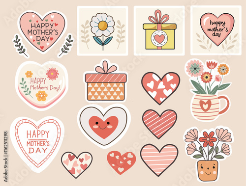 Cartoon style vector Happy Mother`s day sticker pack.
