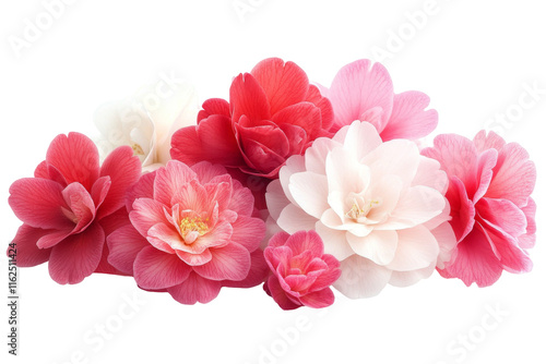 A beautiful arrangement of Camellia japonica flowers is artfully displayed against a pristine white background, showcasing their delicate petals and vibrant colors.
