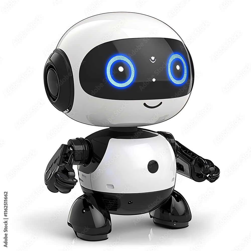 Friendly White and Black Robot with Blue LED Eyes, Isolated on White Background. Friendly White and Black Robot with Blue LED Eyes, Isolated on White Background.