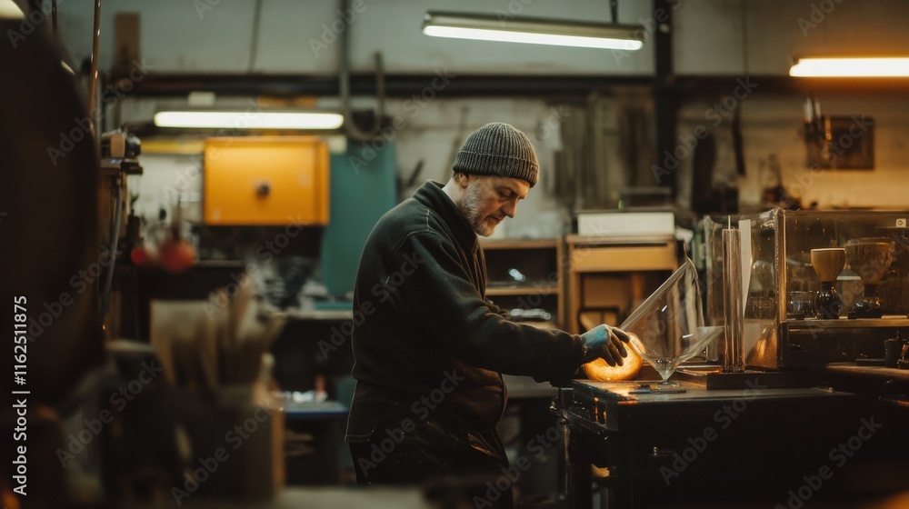 Artisan Shaping Glass in a Warm Workshop Setting Artisan Shaping Glass in a Warm Workshop Setting