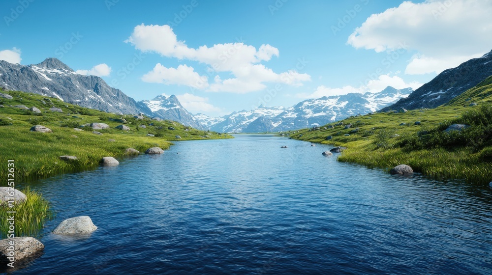 Tranquil Body of Water Surrounded by Lush Greenery and Vibrant Flora Under a Bright Clear Sky Creating Peaceful Scene Tranquil Body of Water Surrounded by Lush Greenery and Vibrant Flora Under a Bright Clear Sky Creating Peaceful Scene