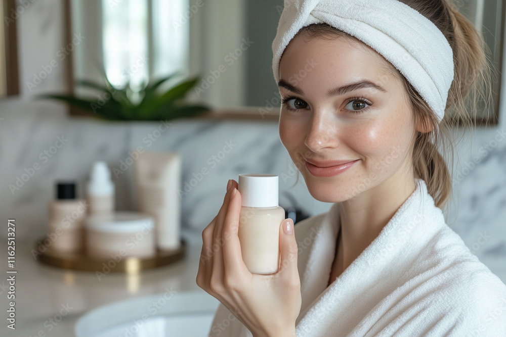 Woman in a white bathrobe and headband holding a skincare product, smiling in a bright bathroom with blurred background Woman in a white bathrobe and headband holding a skincare product, smiling in a bright bathroom with blurred background