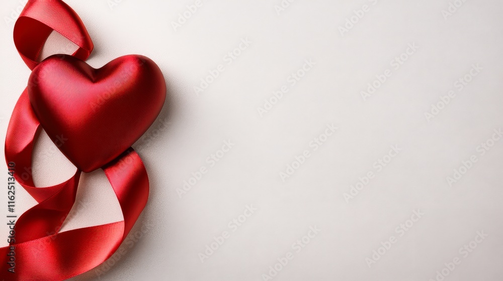 A shiny red heart is elegantly entwined with a flowing red ribbon on a soft, light background, This image is perfect for Valentine's Day promotions, romantic cards, or heartfelt gifts, A shiny red heart is elegantly entwined with a flowing red ribbon on a soft, light background, This image is perfect for Valentine's Day promotions, romantic cards, or heartfelt gifts,
