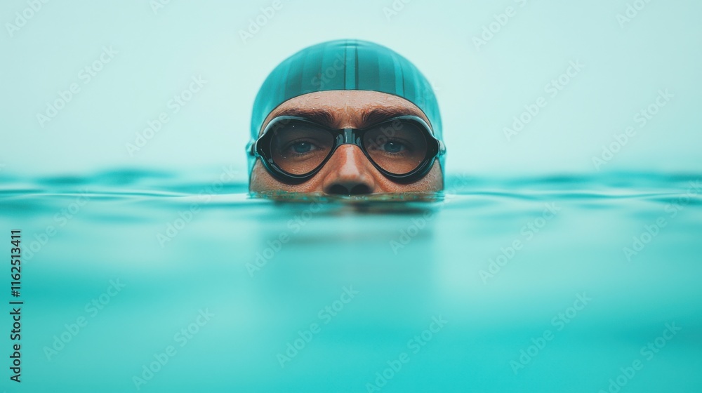 Naklejka premium Focused Male Swimmer in Cap and Goggles Preparing for Competition in Clear Water with Determined Expression and Strength
