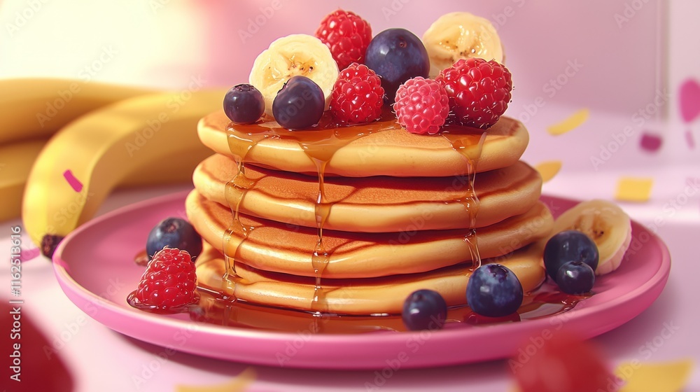 Delicious Pancakes Topped With Berries and Bananas Delicious Pancakes Topped With Berries and Bananas