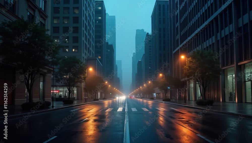 Obraz premium Empty city street at night. Tall buildings line street. Streetlights illuminate wet pavement. Few cars drive slowly. Modern architecture dominates urban landscape. Foggy atmosphere. Nighttime