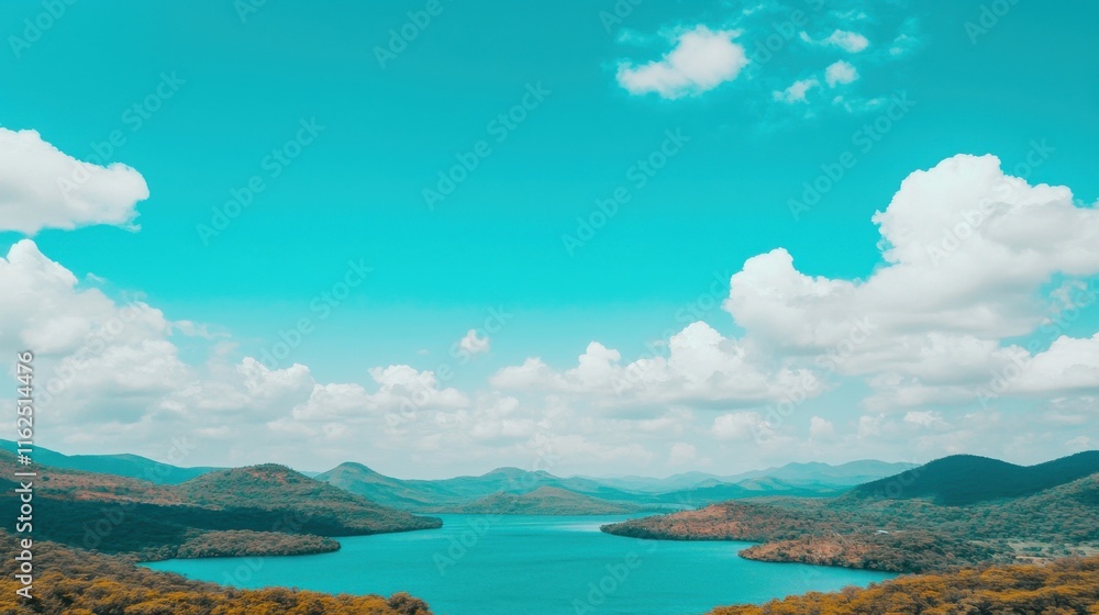 Breathtaking view of a turquoise lake surrounded by rolling hills under a clear azure sky with fluffy clouds Breathtaking view of a turquoise lake surrounded by rolling hills under a clear azure sky with fluffy clouds