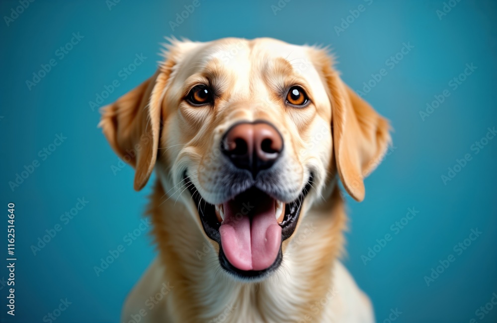 Studio portrait of rescued happy golden retriever. Dog smiling with tongue out. Labrador retriever looking forward against blue background. Cute pet portrait. Ideal for pet lovers animal adoption Studio portrait of rescued happy golden retriever. Dog smiling with tongue out. Labrador retriever looking forward against blue background. Cute pet portrait. Ideal for pet lovers animal adoption