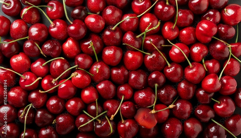 Flat Lay Top View of Bright Ripe Fragrant Red Cherry Fruit as Background Flat Lay Top View of Bright Ripe Fragrant Red Cherry Fruit as Background