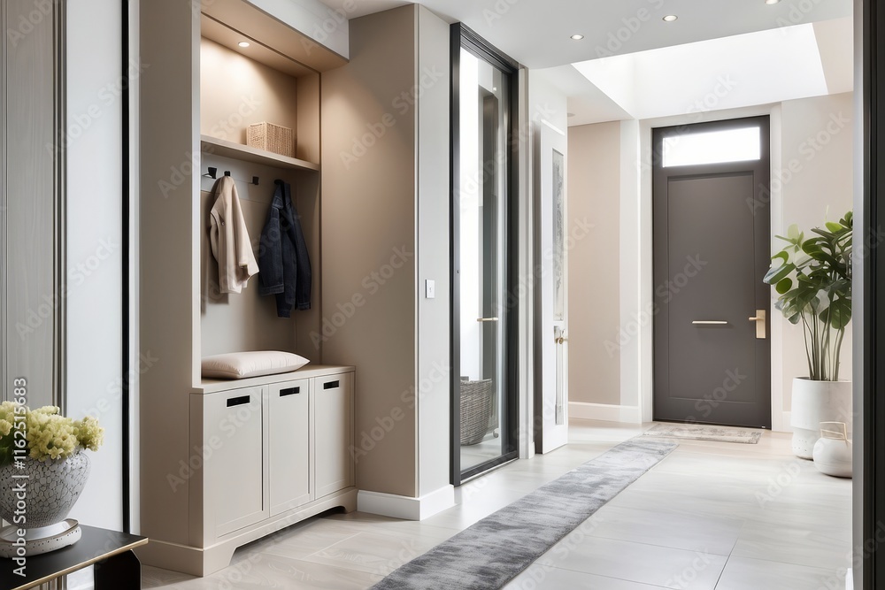 Contemporary Beige Foyer Design With Grey And White Storage Unit Contemporary Beige Foyer Design With Grey And White Storage Unit