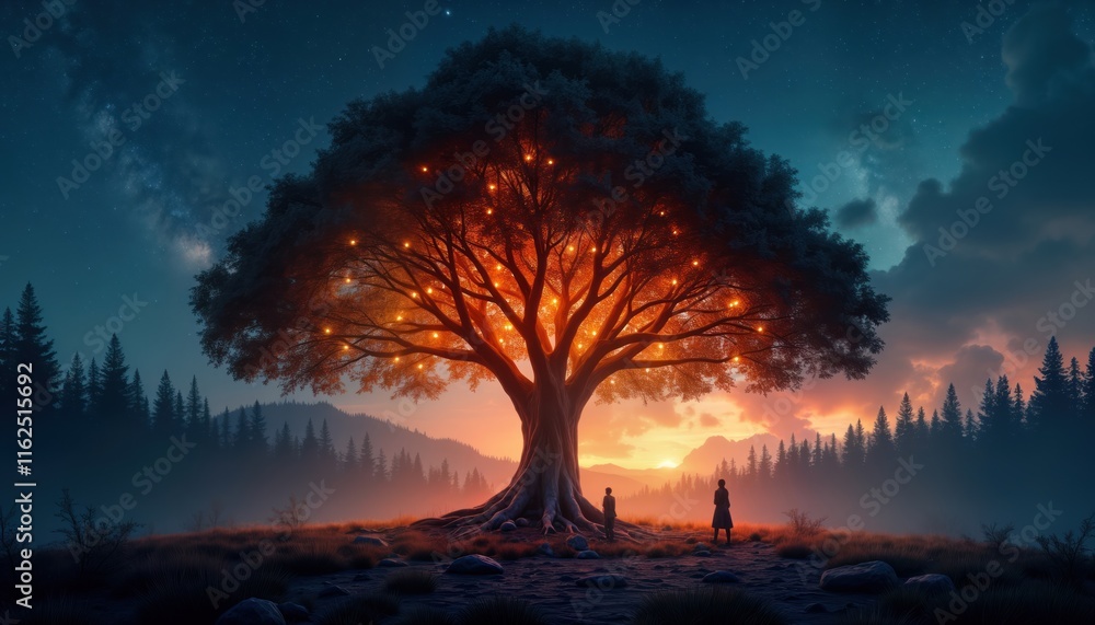 Large tree glowing with warm light at evening. Two people stand near giant tree in misty forest. Sunrise sunset colours paint sky. Nature scene. Peaceful atmosphere. Magical forest. Dreamy, beautiful Large tree glowing with warm light at evening. Two people stand near giant tree in misty forest. Sunrise sunset colours paint sky. Nature scene. Peaceful atmosphere. Magical forest. Dreamy, beautiful