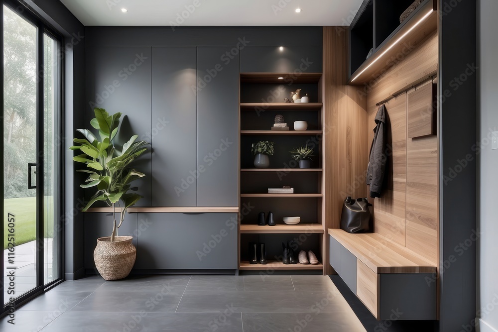 Fototapeta premium Contemporary Dark Grey And Wood Foyer Design With Stepped Storage Unit