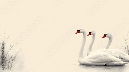 Elegant Minimalist Illustration of Graceful Swans with Black Beaks in Tranquil Nature Setting photo