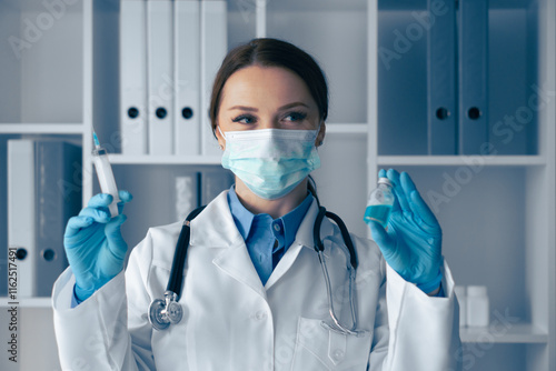 A qualified medical professional is diligently analyzing vaccine samples within a stateoftheart laboratory, ensuring both safety and effectiveness in the crucial development of vaccines photo