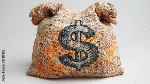 Symbolizing Wealth A Large Sack with Dollar Sign Studio Setting High Fidelity Imagery Focused Viewpoint photo