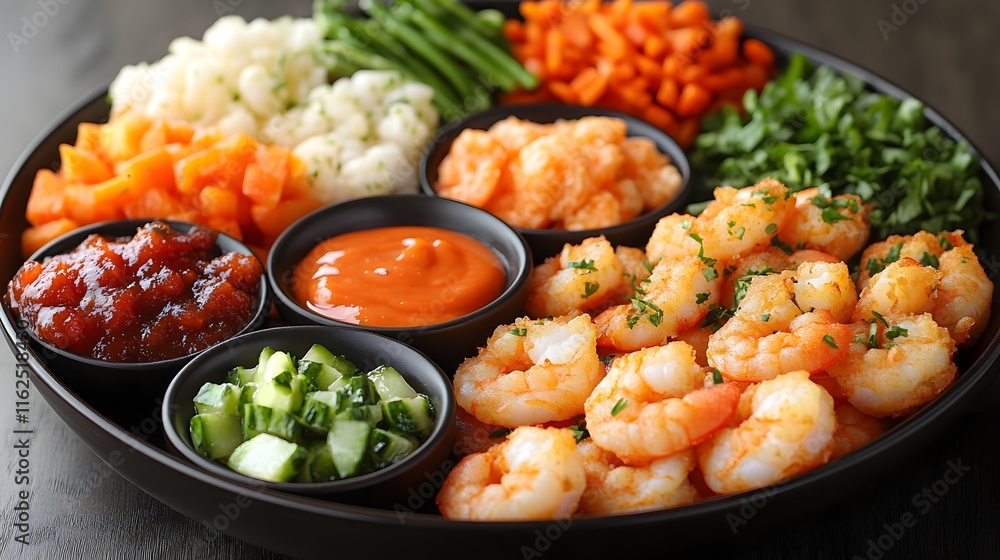 A Colorful Fried Shrimp Platter Surrounded by an Array of Dipping Sauces for Gourmet Dining A Colorful Fried Shrimp Platter Surrounded by an Array of Dipping Sauces for Gourmet Dining