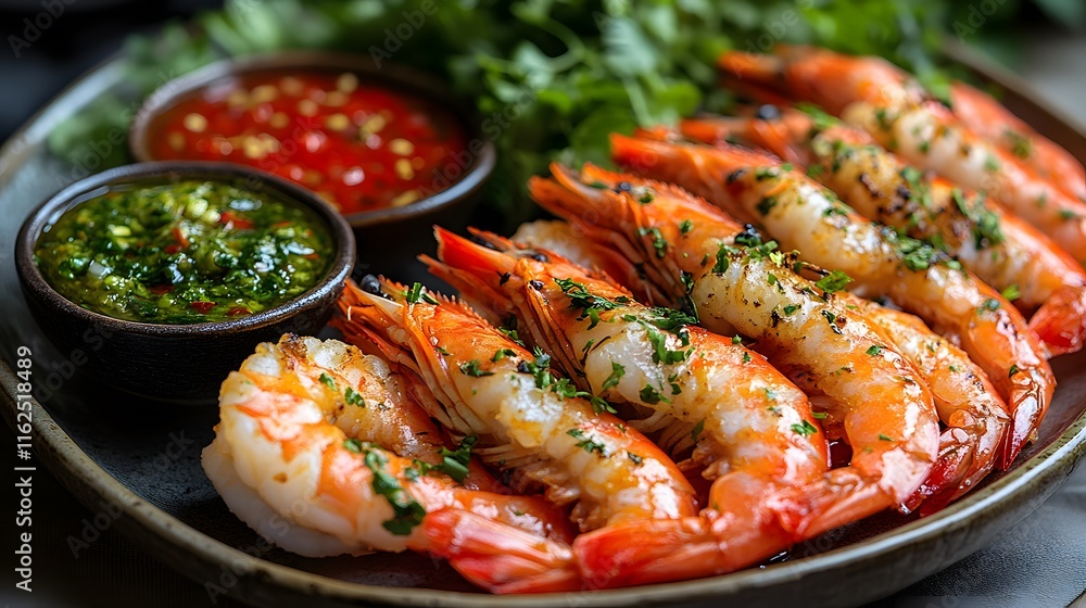 A Close-Up of Golden Crispy Fried Shrimp with Fresh Ingredients and Sauces for an Appetizing Meal A Close-Up of Golden Crispy Fried Shrimp with Fresh Ingredients and Sauces for an Appetizing Meal