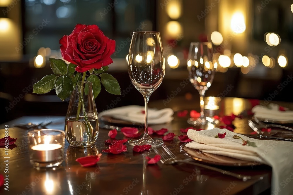 Romantic candlelit dinner setting with red rose and wine glasses Romantic candlelit dinner setting with red rose and wine glasses