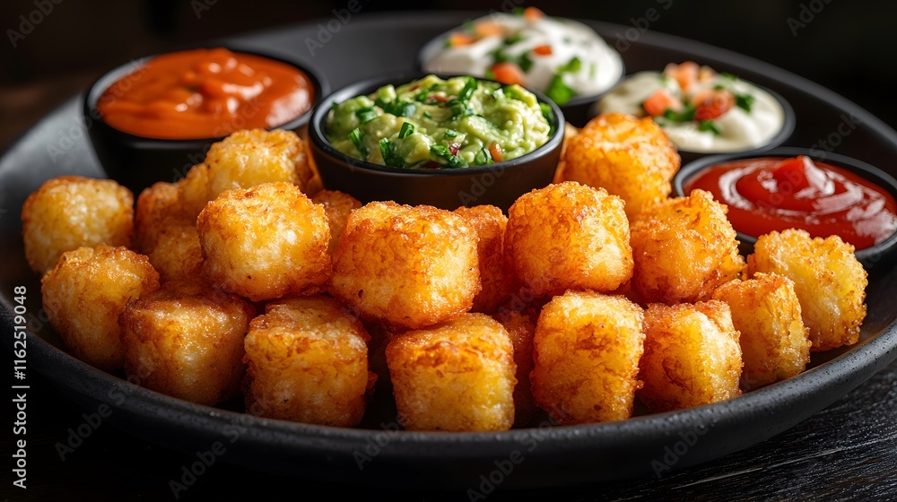 Crispy Golden Tater Tots Served with a Variety of Savory Dips for Snacks and Parties Crispy Golden Tater Tots Served with a Variety of Savory Dips for Snacks and Parties