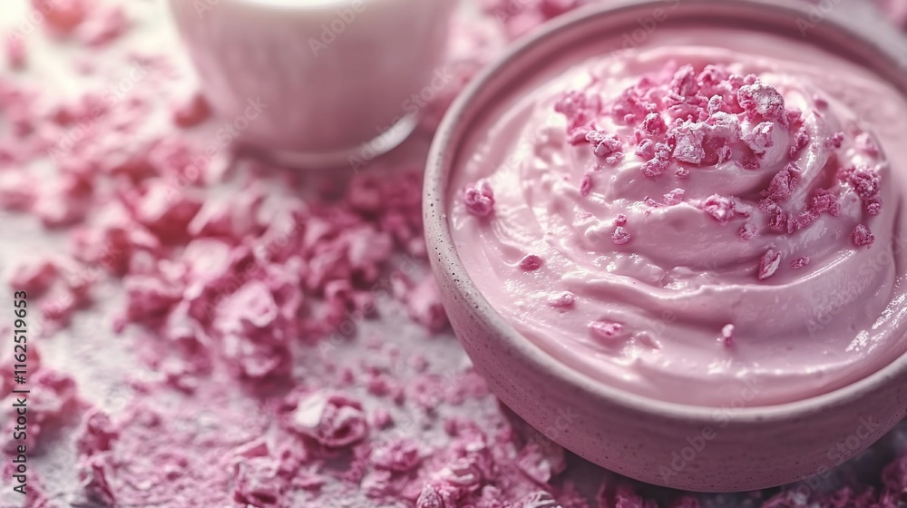 Pink Dessert Delight: Creamy Yogurt with Crunchy Topping Pink Dessert Delight: Creamy Yogurt with Crunchy Topping