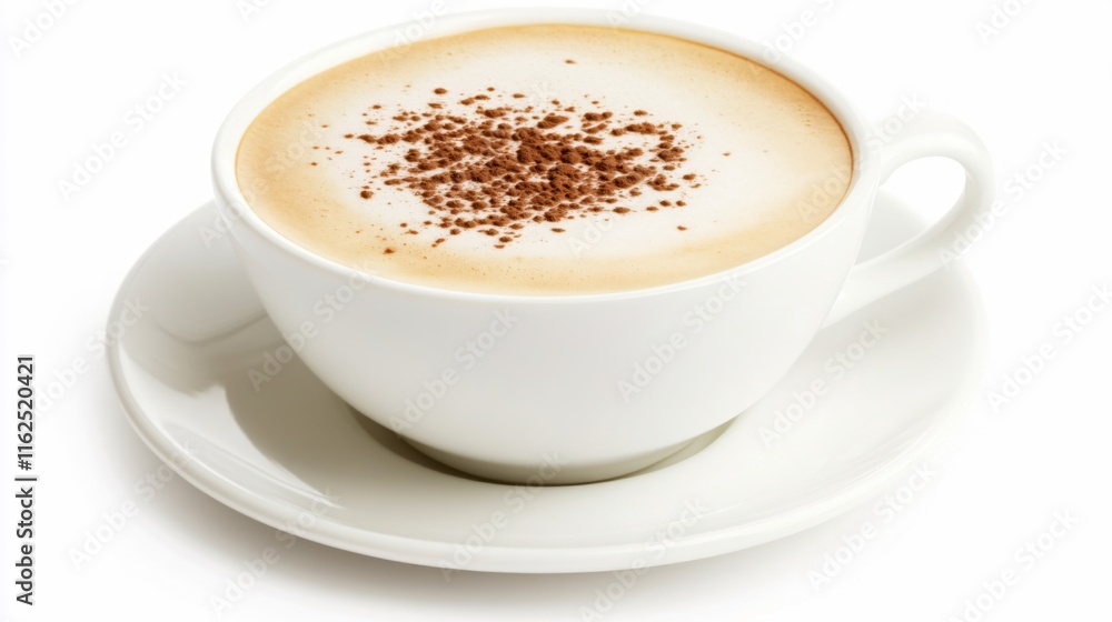 Creamy cappuccino in a white cup with cocoa powder on top for coffee lovers Creamy cappuccino in a white cup with cocoa powder on top for coffee lovers