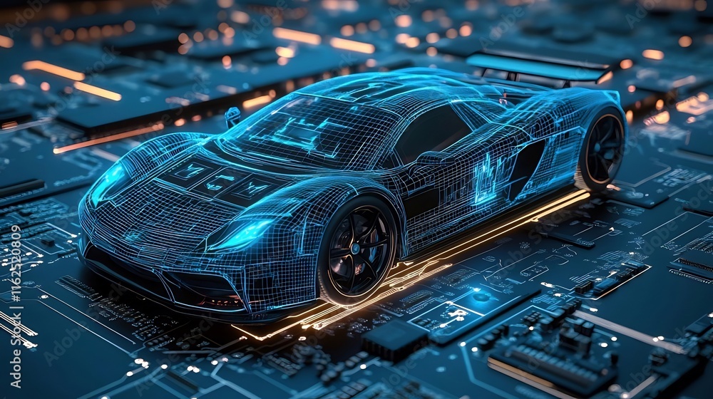Futuristic electric car digital model on circuit board. Futuristic electric car digital model on circuit board.
