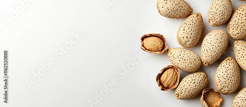 Almonds in shell and cracked open on white background with copy space. photo