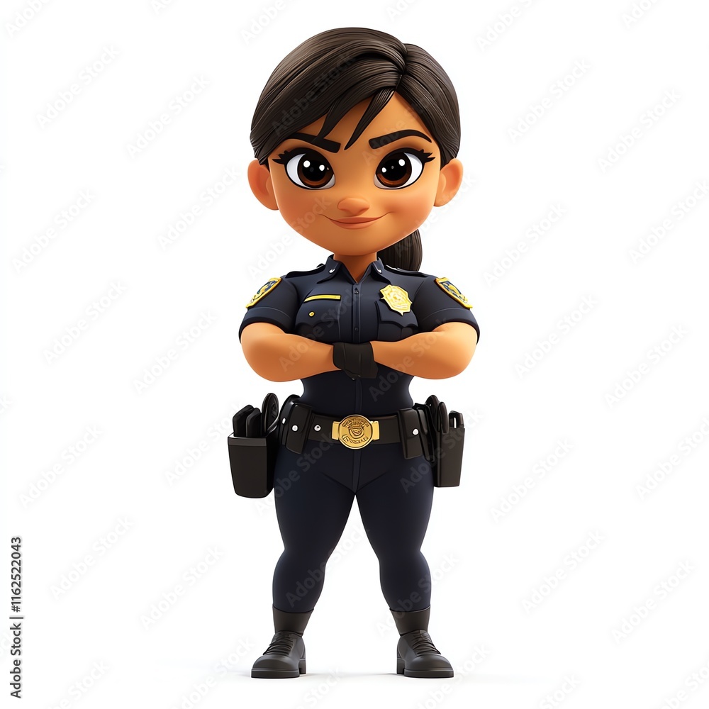 A 3D isolated cartoon character of a female police officer on a white background A 3D isolated cartoon character of a female police officer on a white background