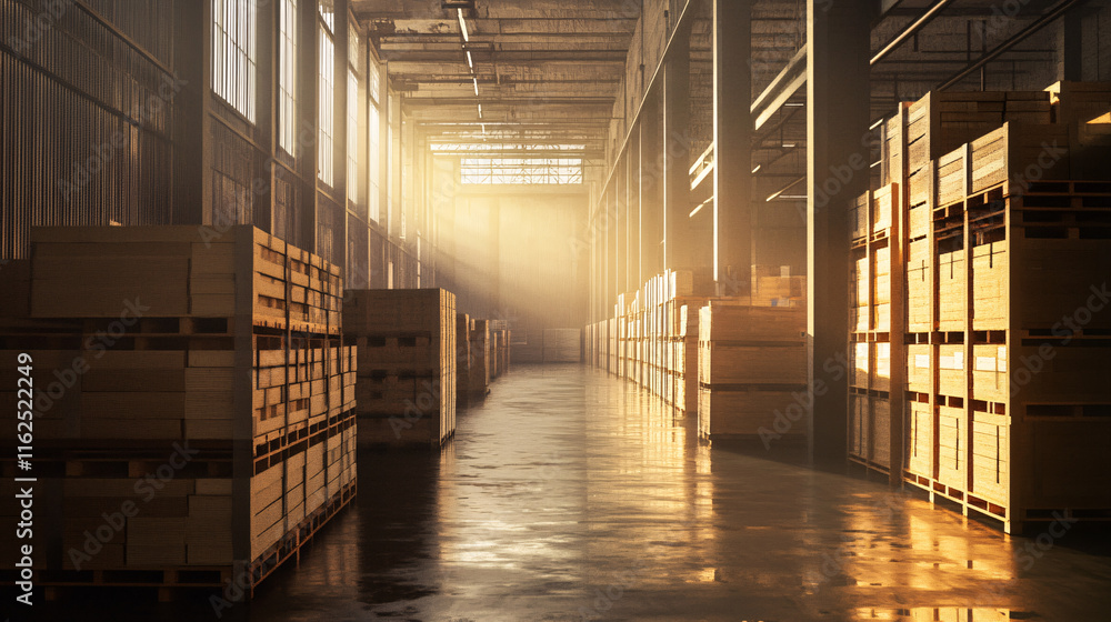 a spacious warehouse filled with stacked wooden crates is illuminated by golden sunlight streaming through high windows creating a warm industrial scene
a spacious warehouse filled with stacked wooden crates is illuminated by golden sunlight streaming through high windows creating a warm industrial scene