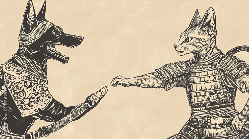 Fototapeta premium Ancient Egyptian dog and Japanese cat warriors facing off.