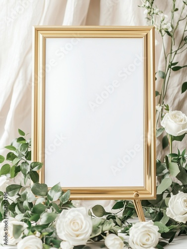 Golden photo frame easel mockup decorated with white roses wedding backdrop