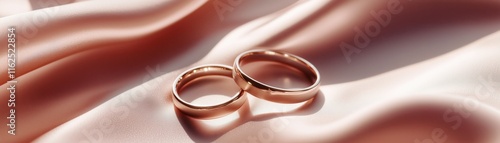 Close up pair of rose gold wedding rings on a silk cloth with soft light. Concept for Valentien gift, Engagement, Loving, Romantic, Marriage photo