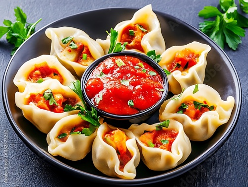 Delicious dumplings with spicy sauce kitchen table food photography vibrant colors close-up photo