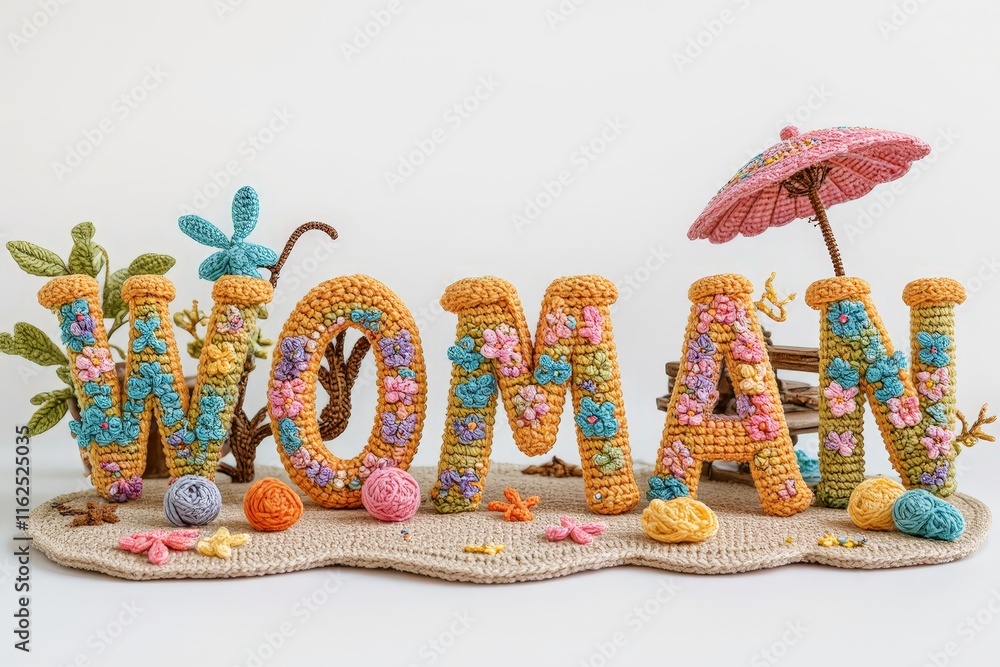 Naklejka premium 3D Crochet and Embroidery Art Woman Sign – Golden Border on White Isolated Template