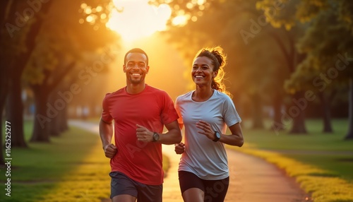 Fototapeta Naklejka Na Ścianę i Meble -  Romantic couple jogs together in park at sunrise. Happy, fit individuals enjoy healthy lifestyle. Morning exercise in nature. Smile, appear motivated. Sunny day in park. Couple runs together happily