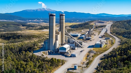 Aerial view of industrial cement plant with tall towers, conveyors, and surrounding landscape under a clear blue sky.