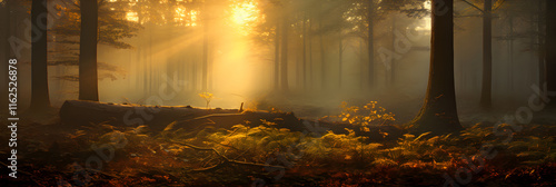 The Divine Illumination - The Passionate Dance of Light and Shadow During Sunset in Dense Forest photo