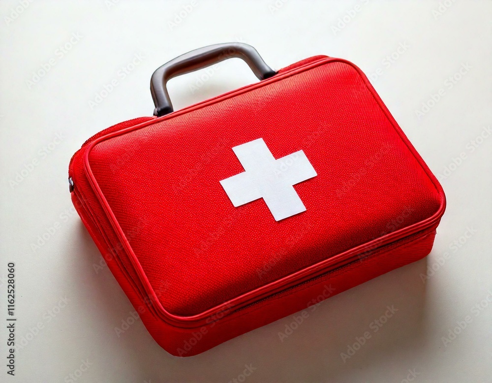 red first aid kit on a white surface
