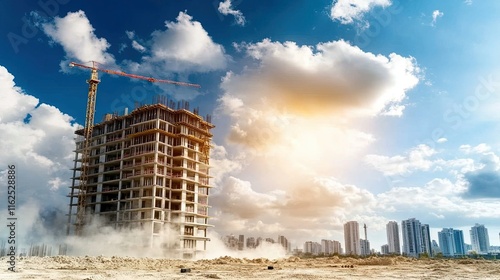 Urban skyline transformation, towering apartment structure in development, bustling city environment, modern architecture emerging